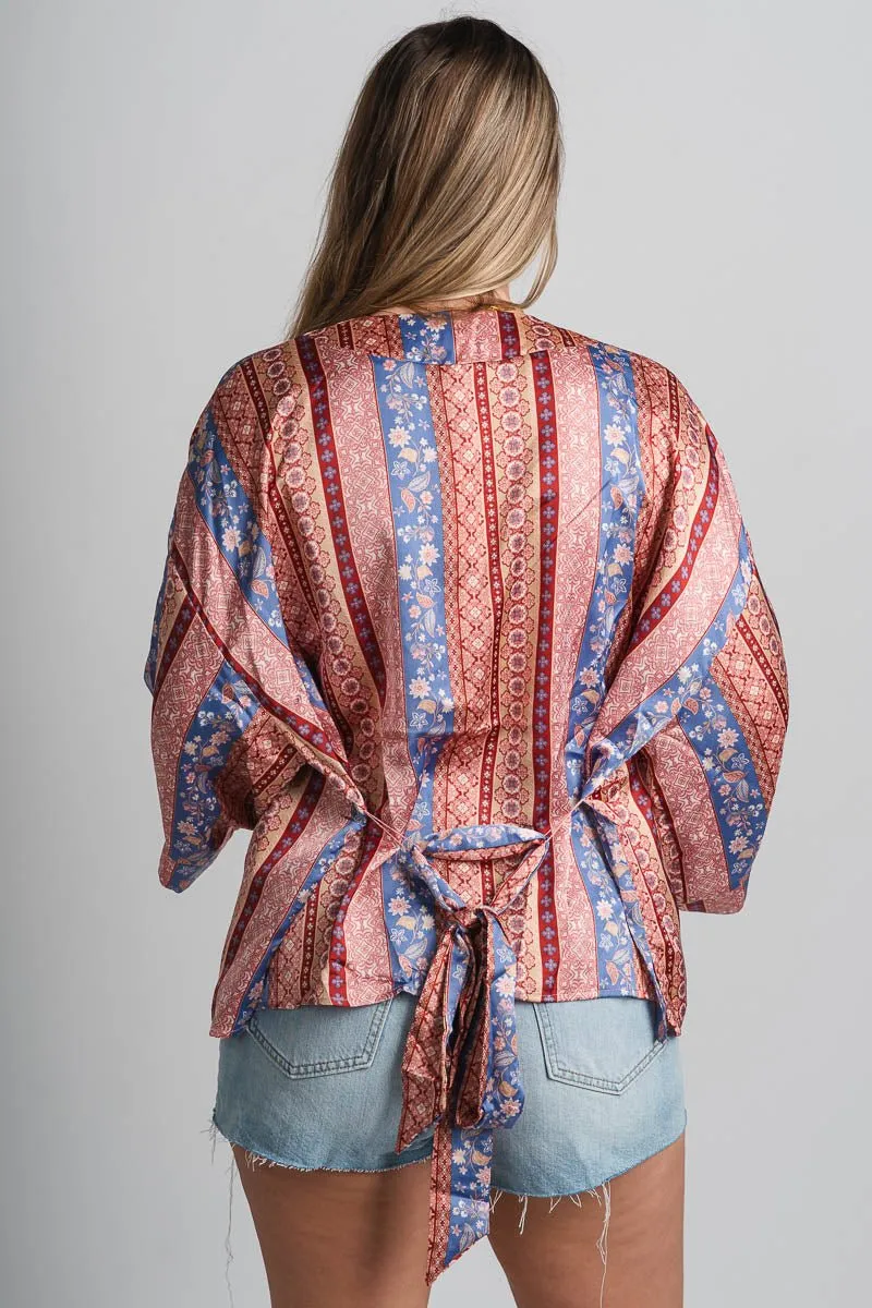 Satin kimono cardigan red/blue