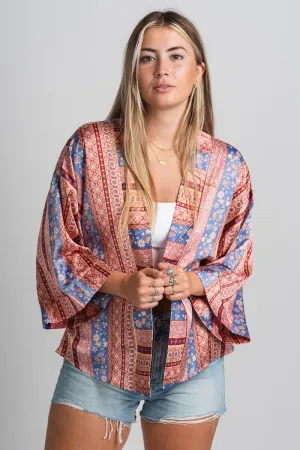 Satin kimono cardigan red/blue