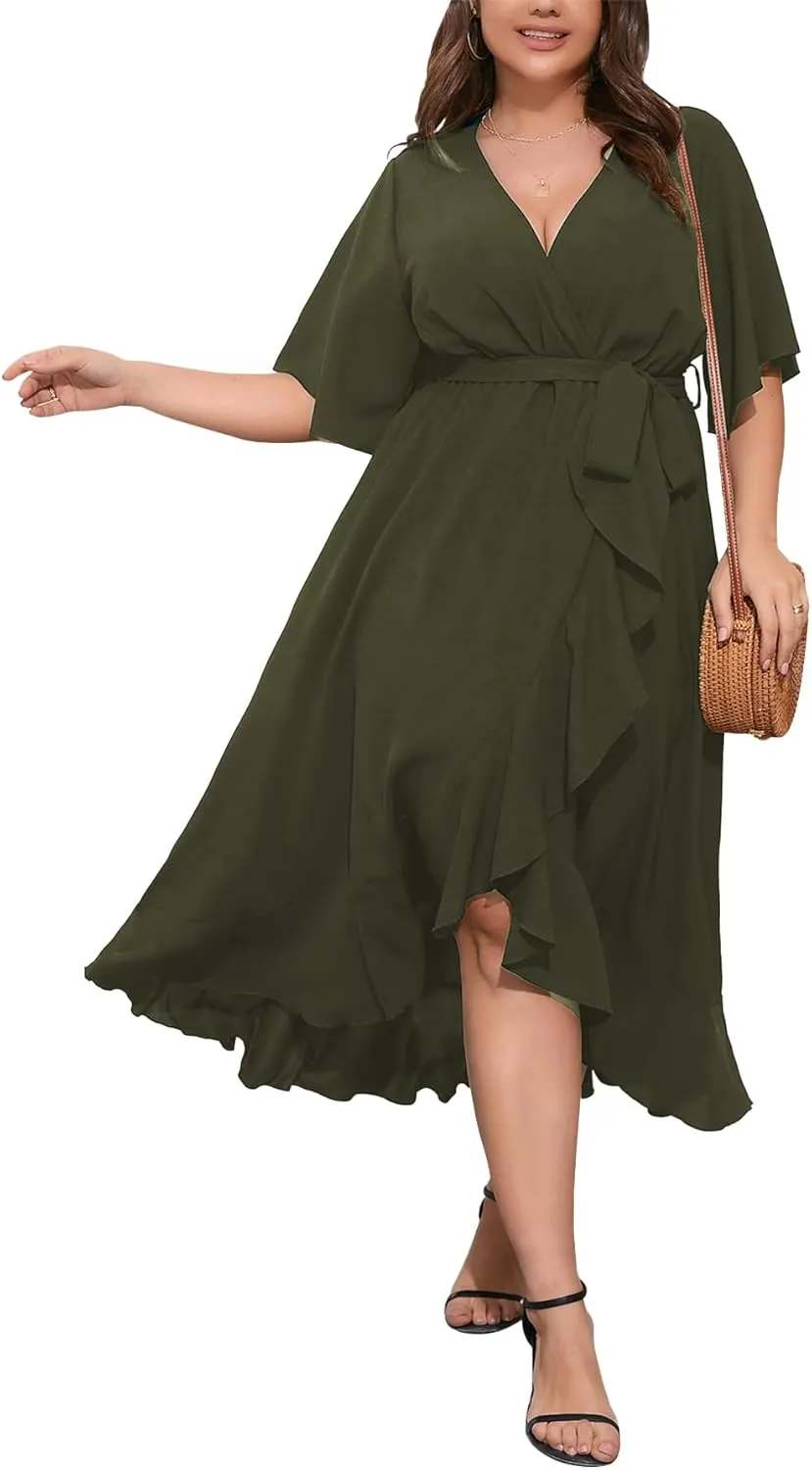 SCOMCHIC Women Plus Size Maxi Dress Short Sleeve Wrap V Neck High Low Split Ruffle Long Dress