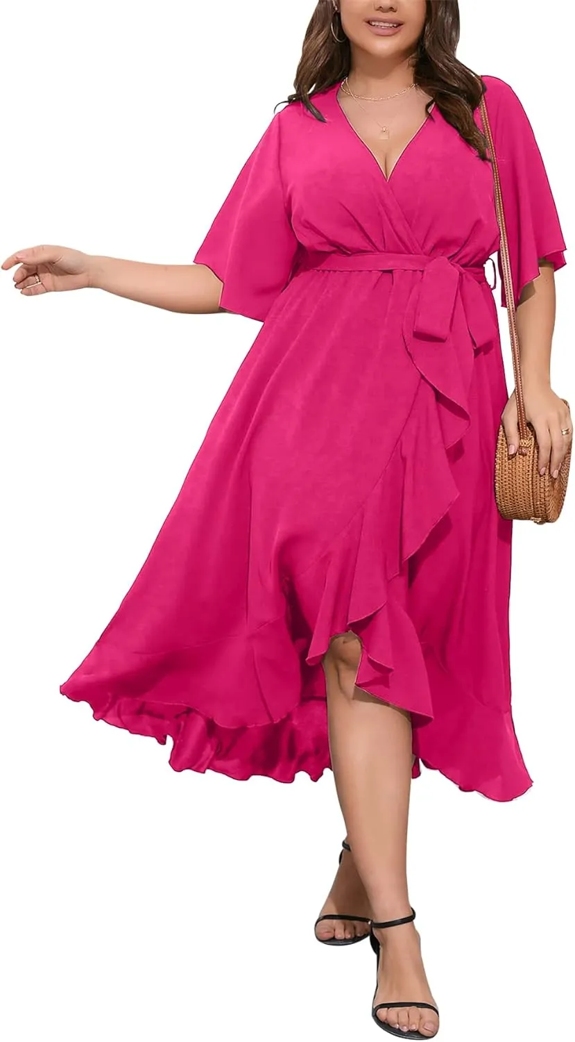 SCOMCHIC Women Plus Size Maxi Dress Short Sleeve Wrap V Neck High Low Split Ruffle Long Dress