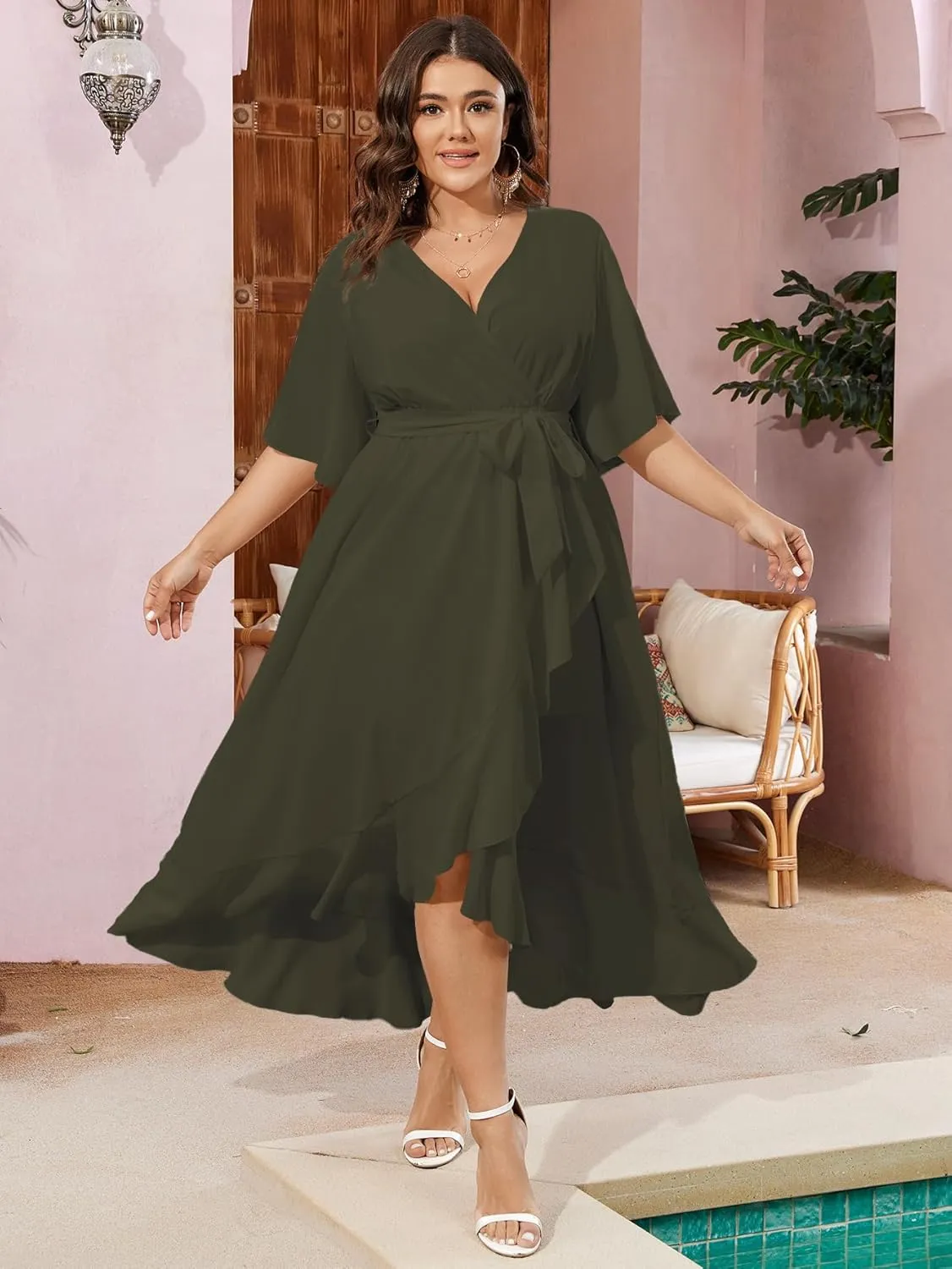 SCOMCHIC Women Plus Size Maxi Dress Short Sleeve Wrap V Neck High Low Split Ruffle Long Dress