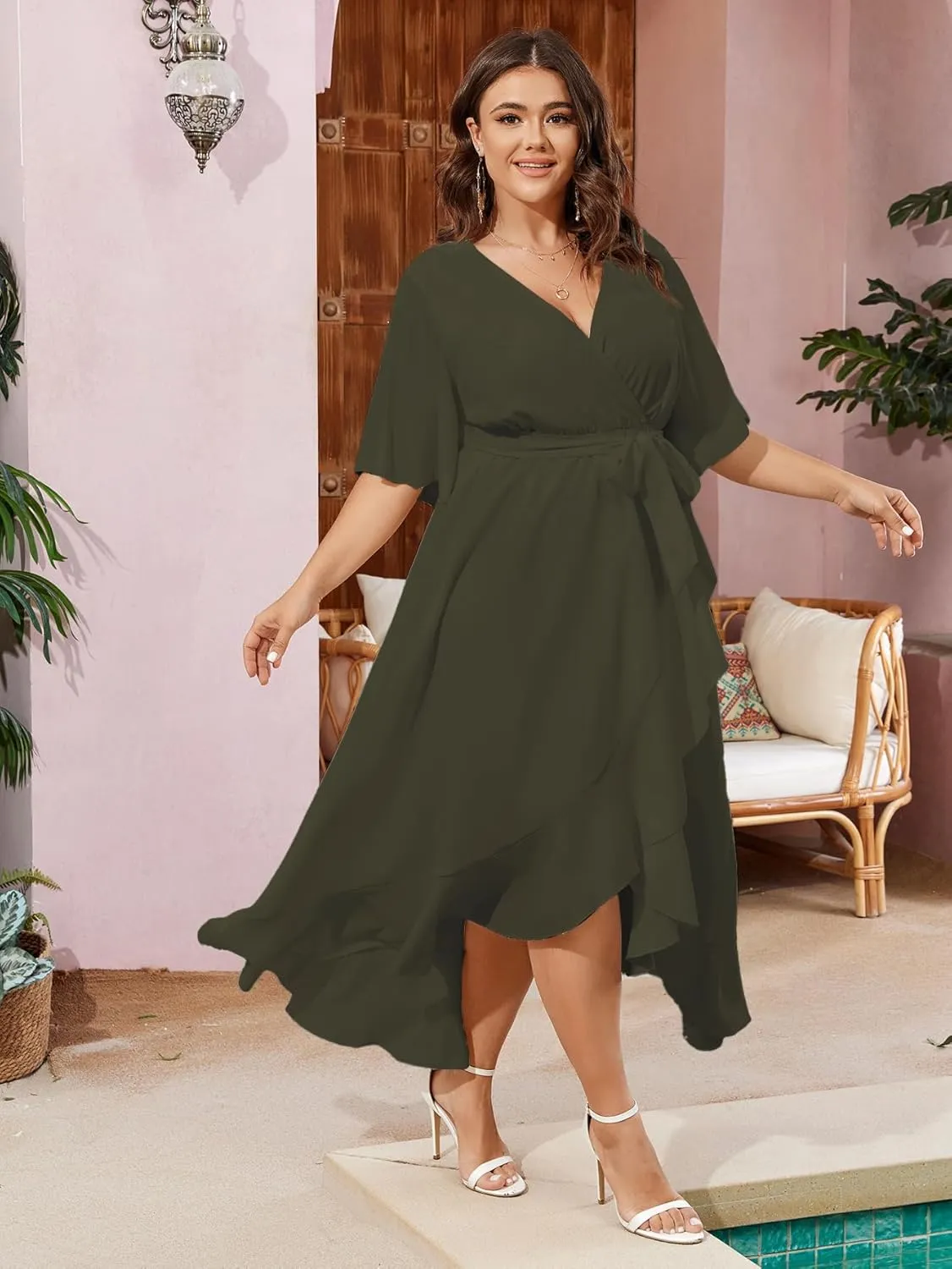 SCOMCHIC Women Plus Size Maxi Dress Short Sleeve Wrap V Neck High Low Split Ruffle Long Dress