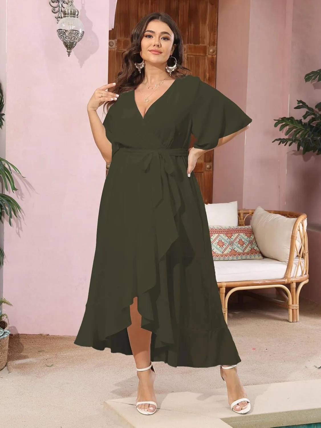 SCOMCHIC Women Plus Size Maxi Dress Short Sleeve Wrap V Neck High Low Split Ruffle Long Dress