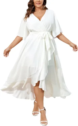 SCOMCHIC Women Plus Size Maxi Dress Short Sleeve Wrap V Neck High Low Split Ruffle Long Dress