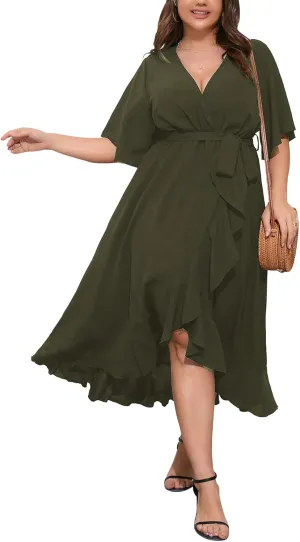 SCOMCHIC Women Plus Size Maxi Dress Short Sleeve Wrap V Neck High Low Split Ruffle Long Dress
