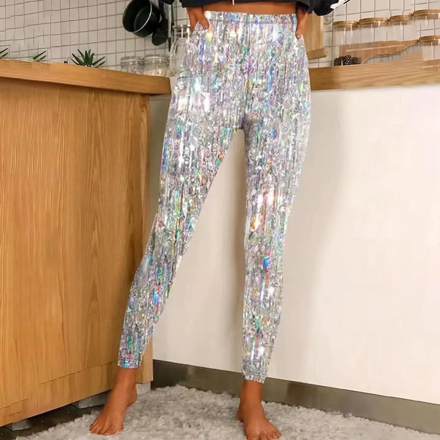 Sequin Print Pants Women Fashion Y2K Yoga Workout Leggings Stretch High Waisted Elastic Streetwear Cozy Lounge Slacks