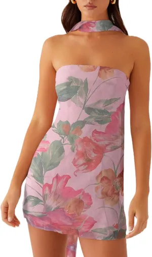 Sexy Floral Strapless Tube Mini Dress Y2K Slim Fit Backless Short Bandeau Dress Going Out Night Party Vocation Dresses