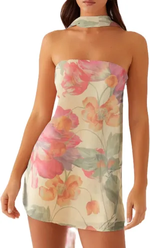 Sexy Floral Strapless Tube Mini Dress Y2K Slim Fit Backless Short Bandeau Dress Going Out Night Party Vocation Dresses
