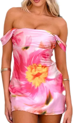 Sexy Strapless Tube Floral Mini Dress Boho Off Shoulder Slim Fit Short Bandeau Dress Going Out Night Party Dresses