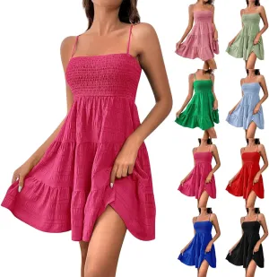 Short Summer Dresses for Women Ruffle Hem Spaghetti Strap Sundresses Casual Blackless Smocked Tiered Beach Dresses