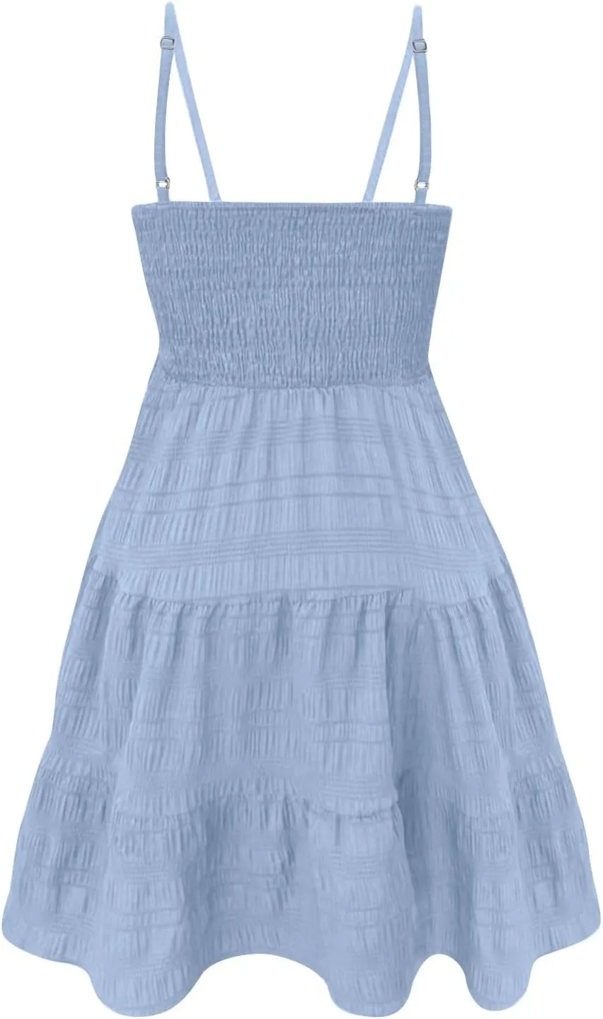 Short Summer Dresses for Women Ruffle Hem Spaghetti Strap Sundresses Casual Blackless Smocked Tiered Beach Dresses