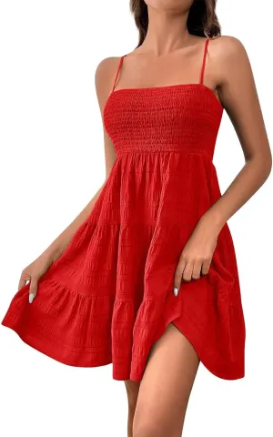Short Summer Dresses for Women Ruffle Hem Spaghetti Strap Sundresses Casual Blackless Smocked Tiered Beach Dresses