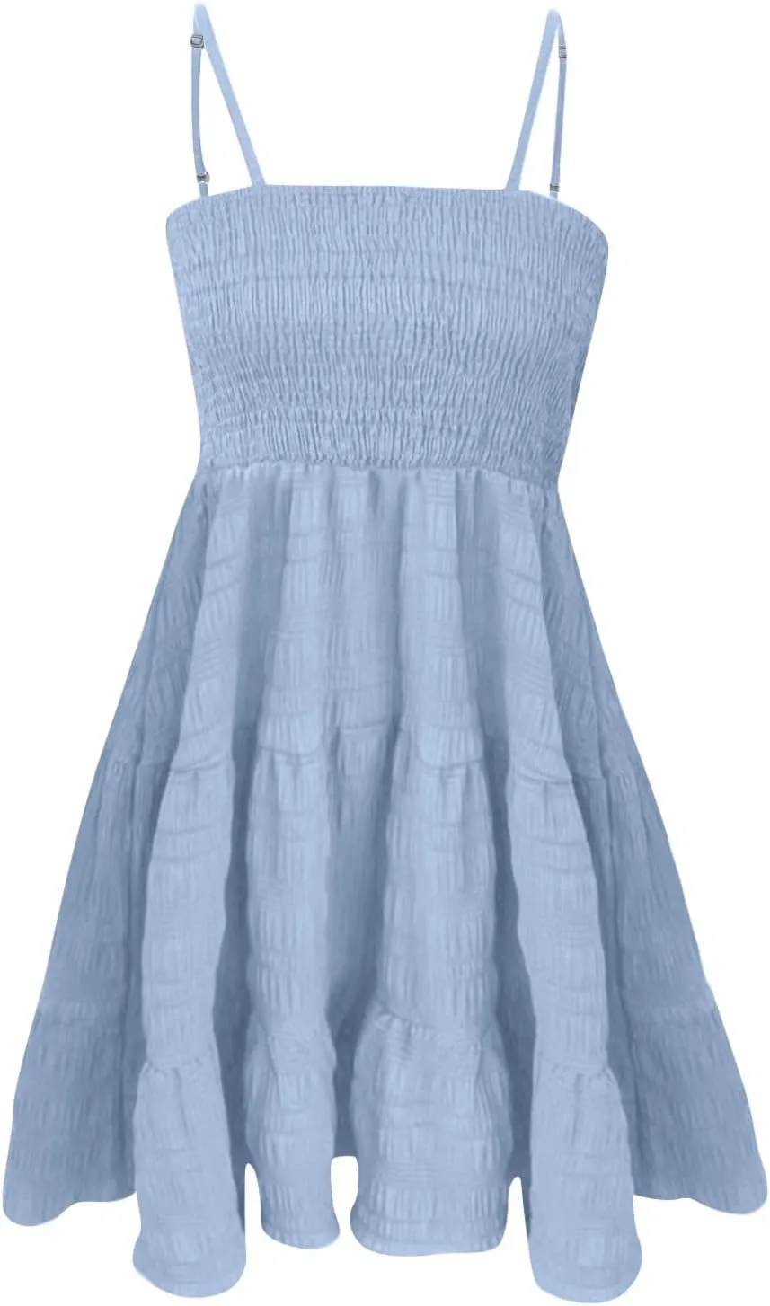 Short Summer Dresses for Women Ruffle Hem Spaghetti Strap Sundresses Casual Blackless Smocked Tiered Beach Dresses