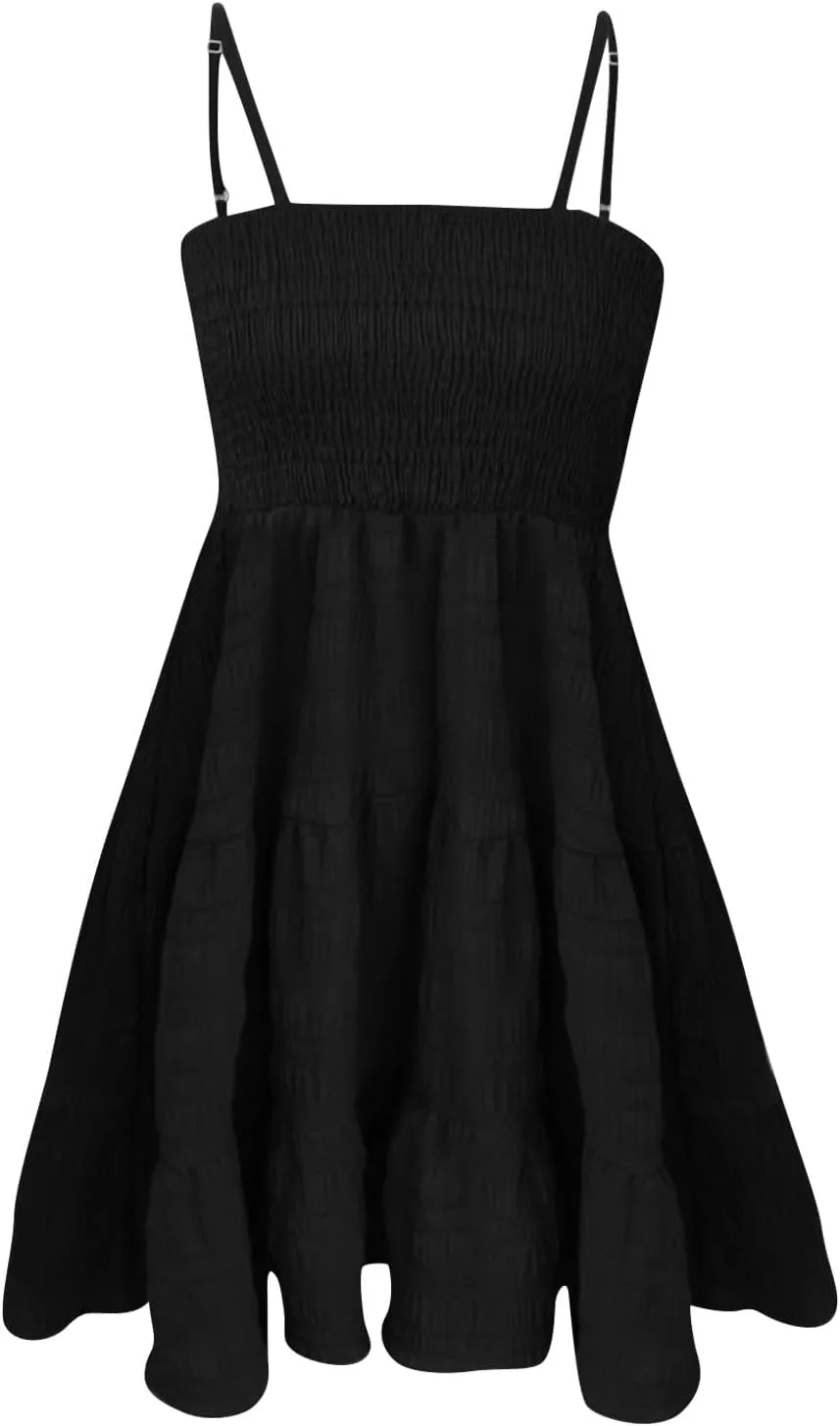 Short Summer Dresses for Women Ruffle Hem Spaghetti Strap Sundresses Casual Blackless Smocked Tiered Beach Dresses