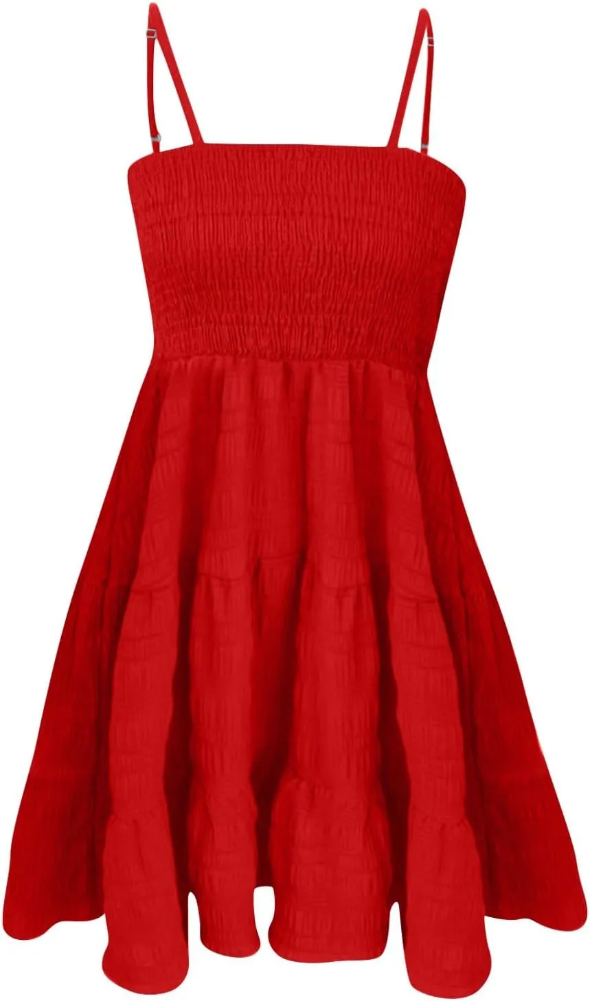Short Summer Dresses for Women Ruffle Hem Spaghetti Strap Sundresses Casual Blackless Smocked Tiered Beach Dresses