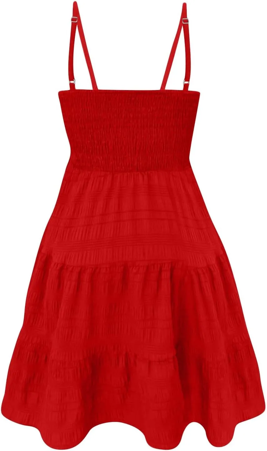 Short Summer Dresses for Women Ruffle Hem Spaghetti Strap Sundresses Casual Blackless Smocked Tiered Beach Dresses