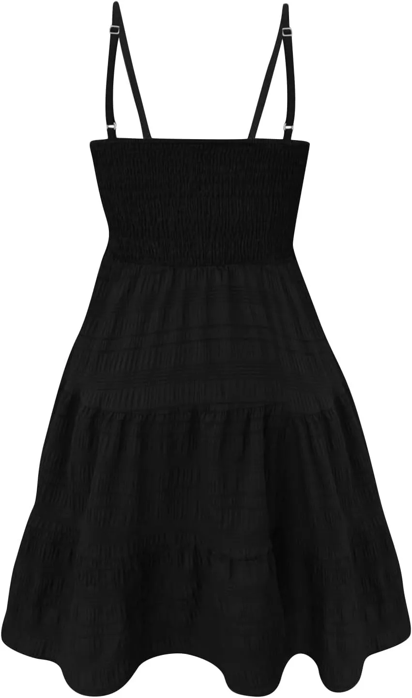 Short Summer Dresses for Women Ruffle Hem Spaghetti Strap Sundresses Casual Blackless Smocked Tiered Beach Dresses