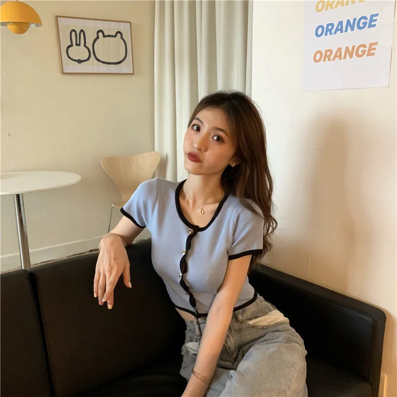 Short Tops Women Summer Hong Kong Color-Matching Slim Look Thin Sleeve Bare Belly Knitted Cardigan Outerwear