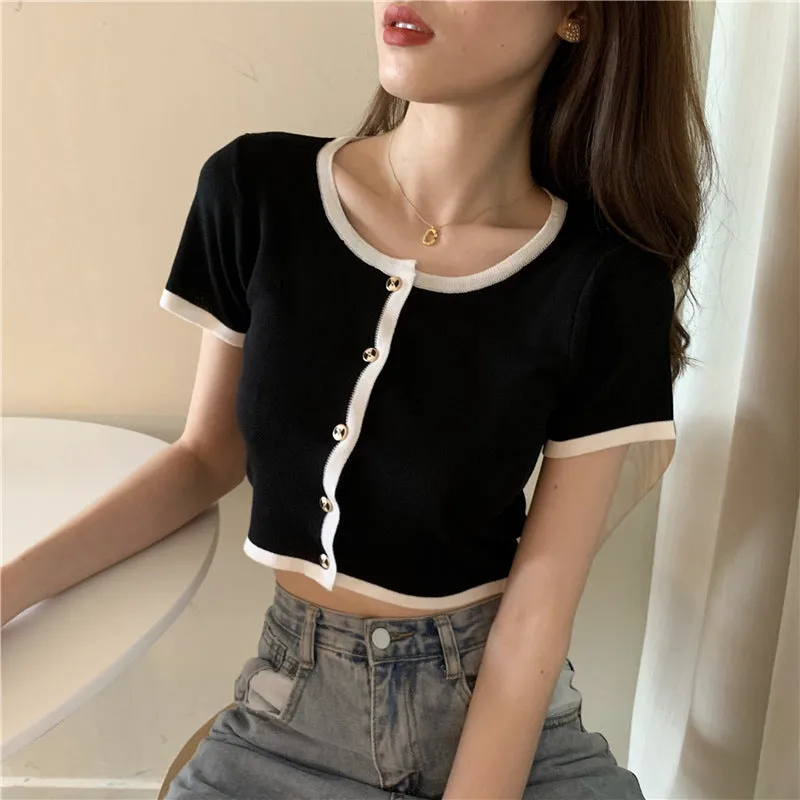 Short Tops Women Summer Hong Kong Color-Matching Slim Look Thin Sleeve Bare Belly Knitted Cardigan Outerwear