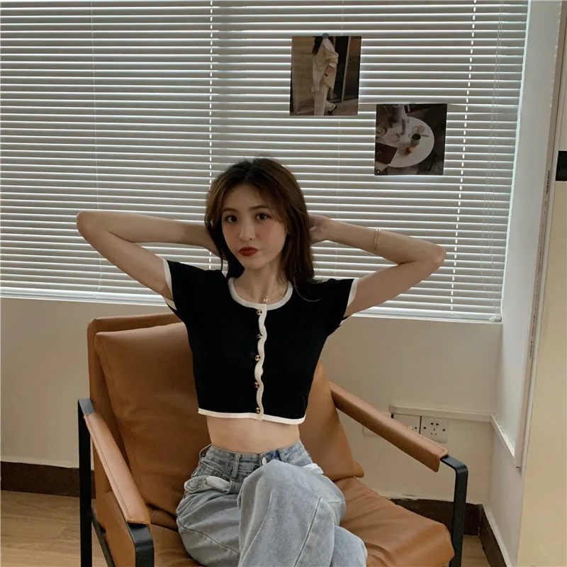 Short Tops Women Summer Hong Kong Color-Matching Slim Look Thin Sleeve Bare Belly Knitted Cardigan Outerwear