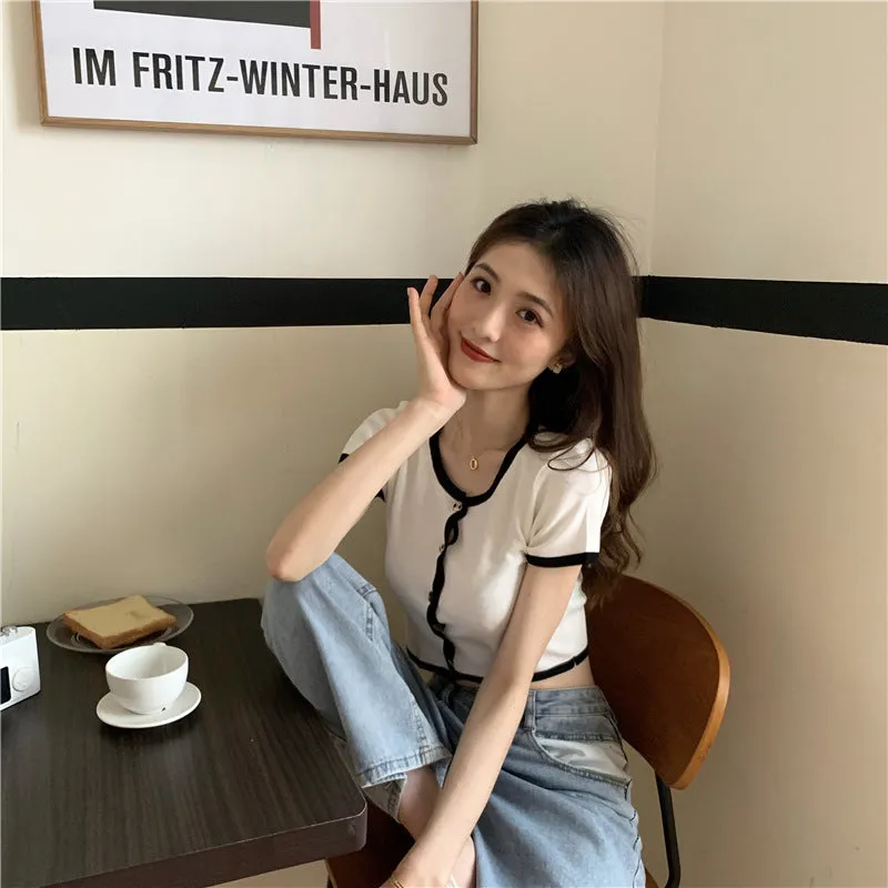 Short Tops Women Summer Hong Kong Color-Matching Slim Look Thin Sleeve Bare Belly Knitted Cardigan Outerwear