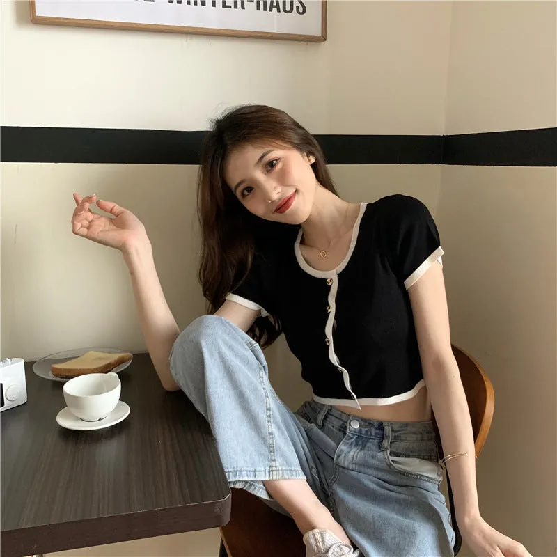 Short Tops Women Summer Hong Kong Color-Matching Slim Look Thin Sleeve Bare Belly Knitted Cardigan Outerwear