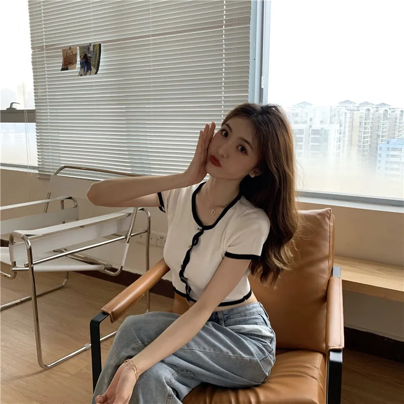 Short Tops Women Summer Hong Kong Color-Matching Slim Look Thin Sleeve Bare Belly Knitted Cardigan Outerwear