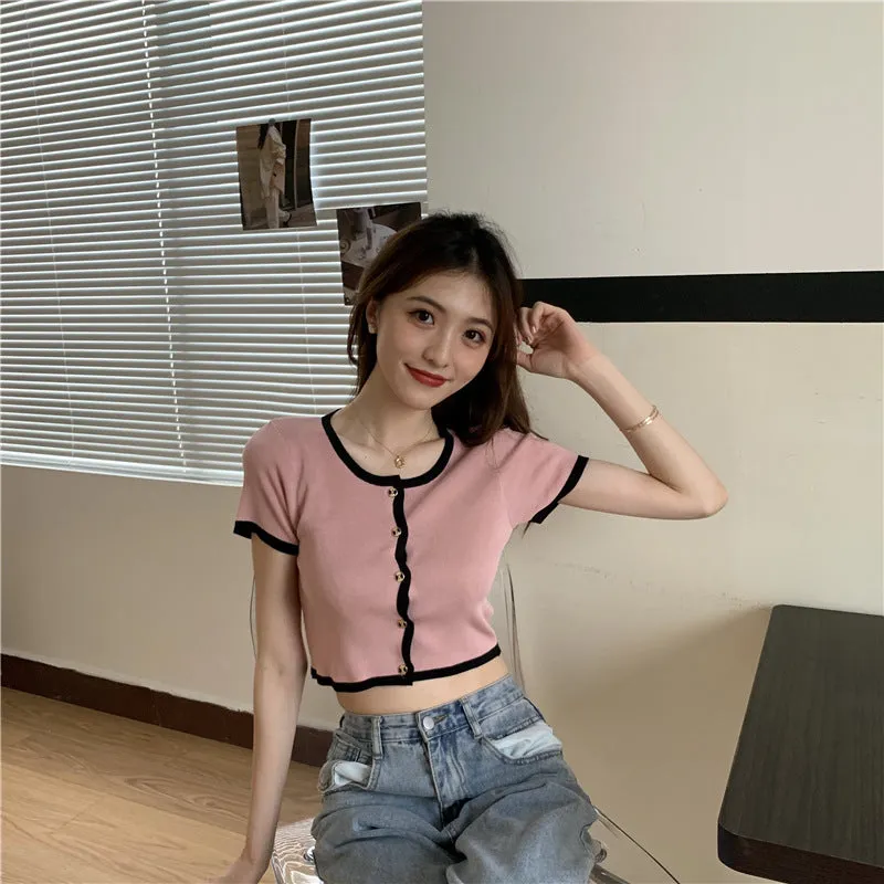 Short Tops Women Summer Hong Kong Color-Matching Slim Look Thin Sleeve Bare Belly Knitted Cardigan Outerwear