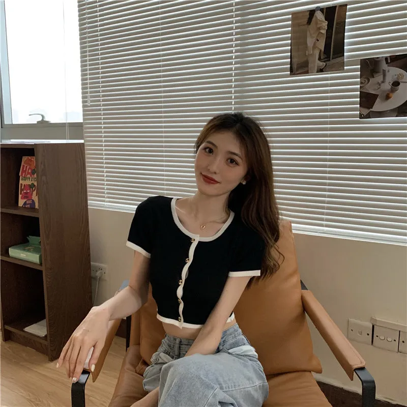 Short Tops Women Summer Hong Kong Color-Matching Slim Look Thin Sleeve Bare Belly Knitted Cardigan Outerwear