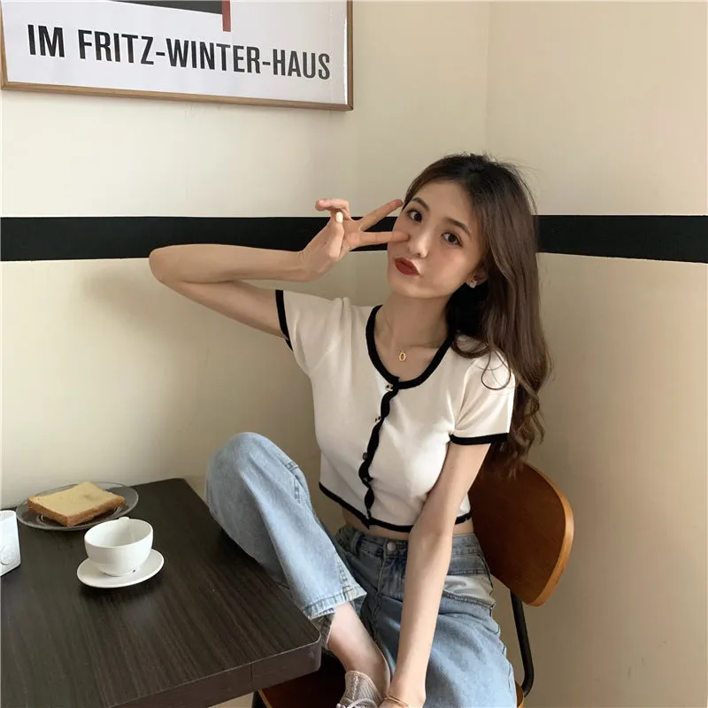 Short Tops Women Summer Hong Kong Color-Matching Slim Look Thin Sleeve Bare Belly Knitted Cardigan Outerwear