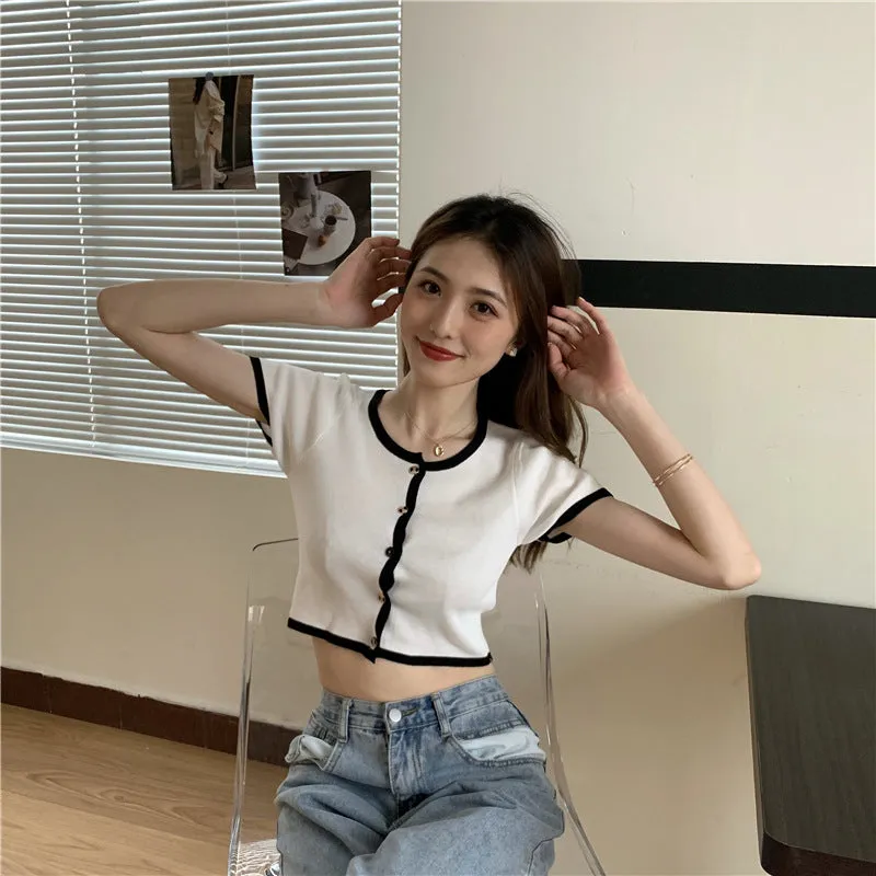 Short Tops Women Summer Hong Kong Color-Matching Slim Look Thin Sleeve Bare Belly Knitted Cardigan Outerwear