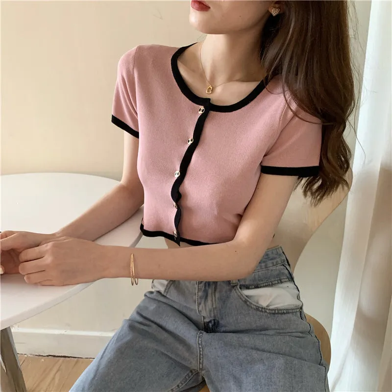Short Tops Women Summer Hong Kong Color-Matching Slim Look Thin Sleeve Bare Belly Knitted Cardigan Outerwear