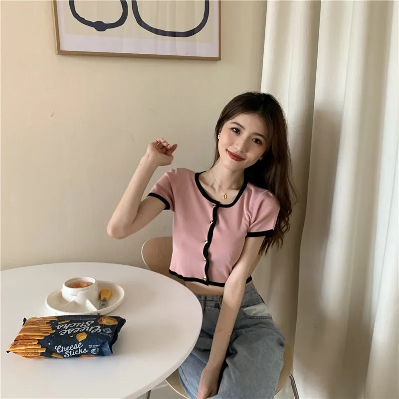 Short Tops Women Summer Hong Kong Color-Matching Slim Look Thin Sleeve Bare Belly Knitted Cardigan Outerwear