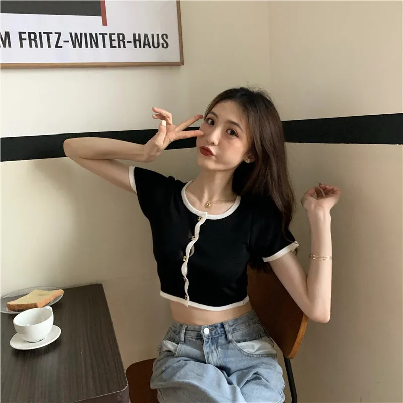 Short Tops Women Summer Hong Kong Color-Matching Slim Look Thin Sleeve Bare Belly Knitted Cardigan Outerwear