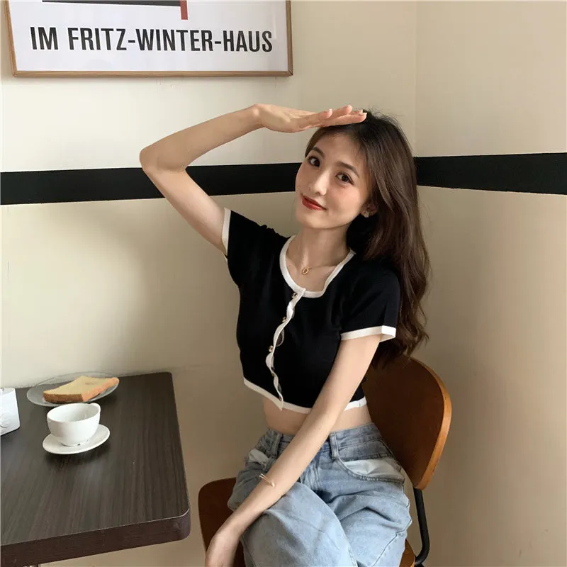 Short Tops Women Summer Hong Kong Color-Matching Slim Look Thin Sleeve Bare Belly Knitted Cardigan Outerwear