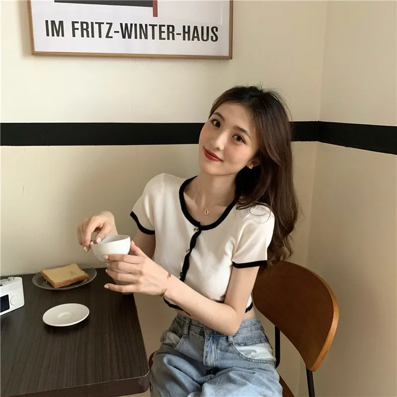 Short Tops Women Summer Hong Kong Color-Matching Slim Look Thin Sleeve Bare Belly Knitted Cardigan Outerwear