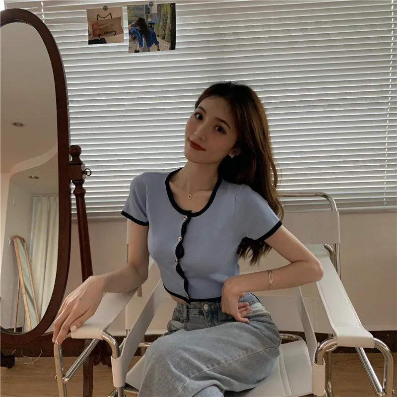 Short Tops Women Summer Hong Kong Color-Matching Slim Look Thin Sleeve Bare Belly Knitted Cardigan Outerwear