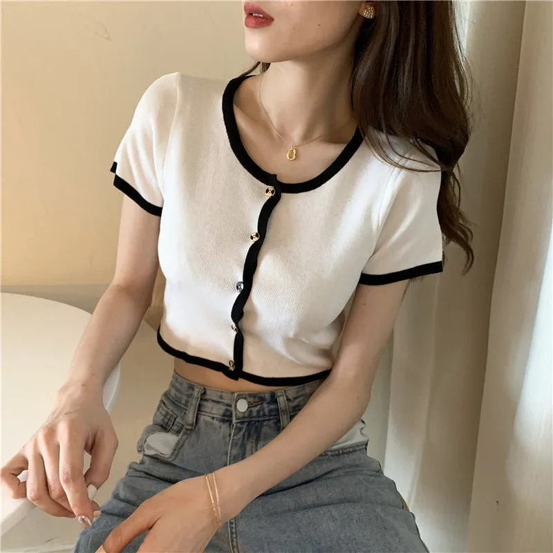 Short Tops Women Summer Hong Kong Color-Matching Slim Look Thin Sleeve Bare Belly Knitted Cardigan Outerwear