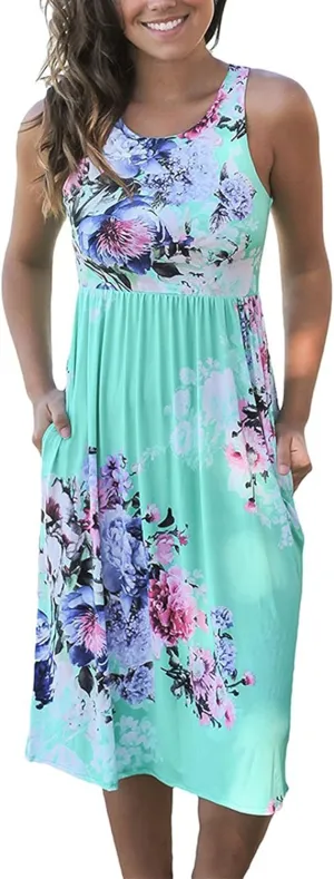SimpleFun Womens Summer Sundresses Floral Sleeveless Beach Cover Up Tank Dress with Pockets