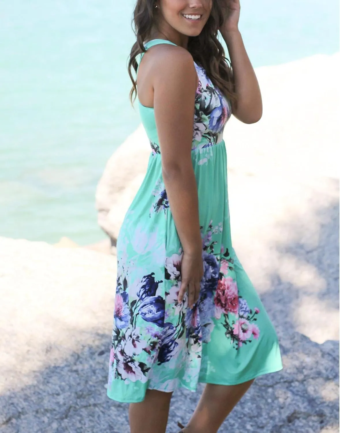 SimpleFun Womens Summer Sundresses Floral Sleeveless Beach Cover Up Tank Dress with Pockets