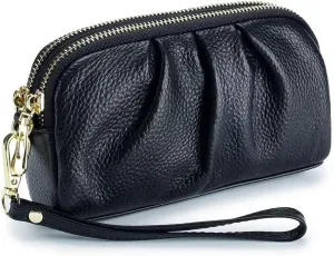 Small Wristlet Bag for Women Retro Genuine Leather Clutch Purse Roomy Travel Phone Wallet with Detachable Wrist Strap