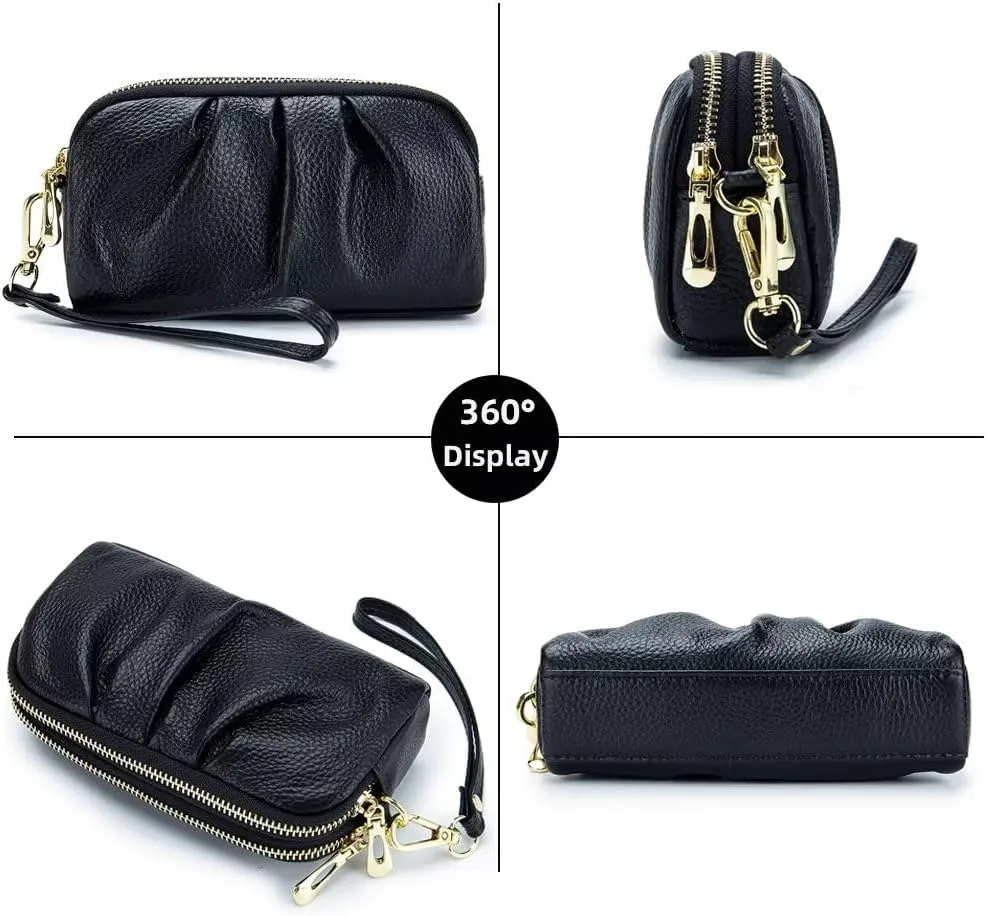 Small Wristlet Bag for Women Retro Genuine Leather Clutch Purse Roomy Travel Phone Wallet with Detachable Wrist Strap