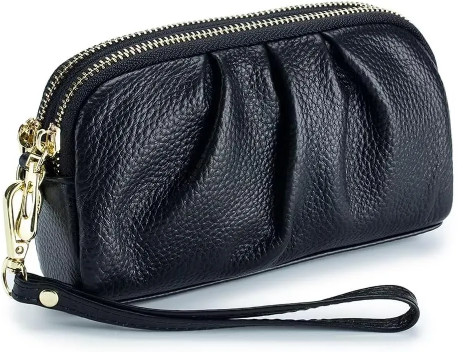 Small Wristlet Bag for Women Retro Genuine Leather Clutch Purse Roomy Travel Phone Wallet with Detachable Wrist Strap