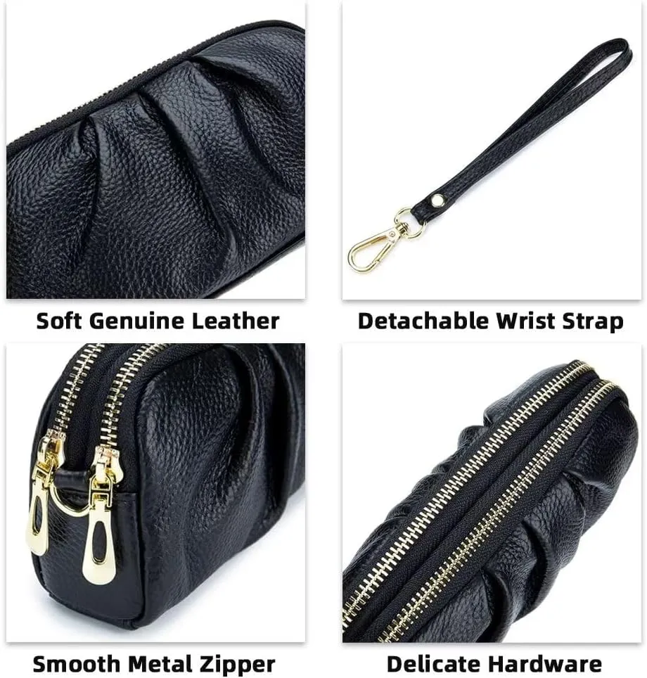 Small Wristlet Bag for Women Retro Genuine Leather Clutch Purse Roomy Travel Phone Wallet with Detachable Wrist Strap