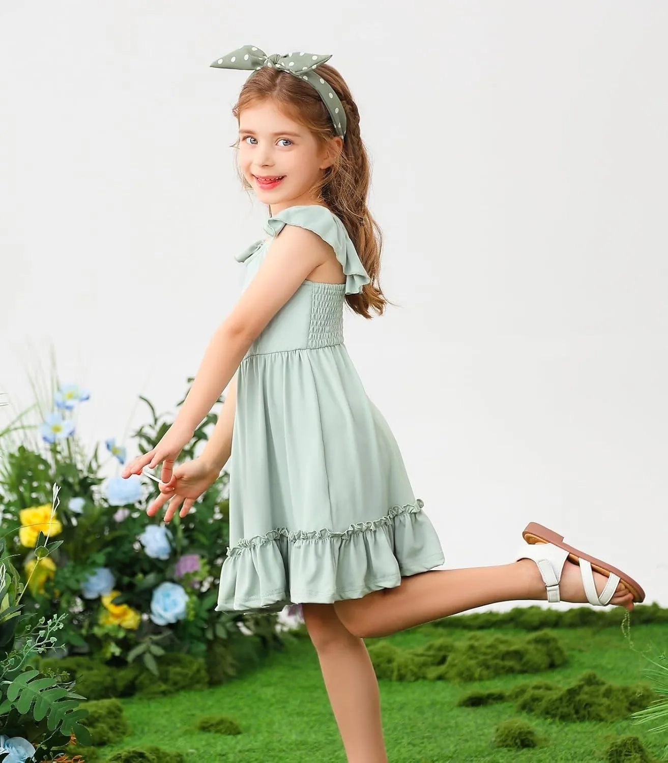 Smocked Dress Girls Solid Spring Summer Dresses for Toddler Sleeveless Sundress 2-6 Years