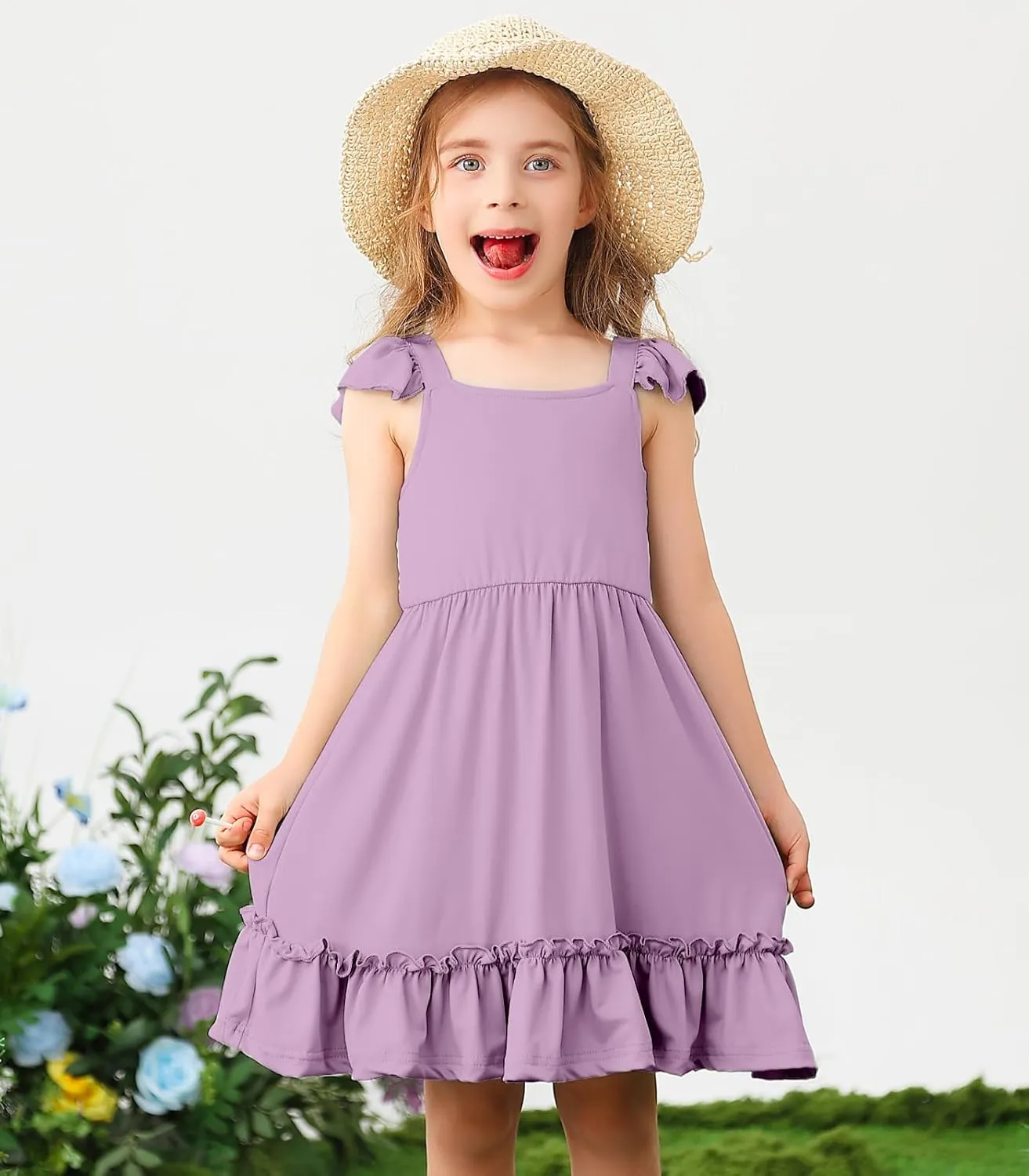 Smocked Dress Girls Solid Spring Summer Dresses for Toddler Sleeveless Sundress 2-6 Years