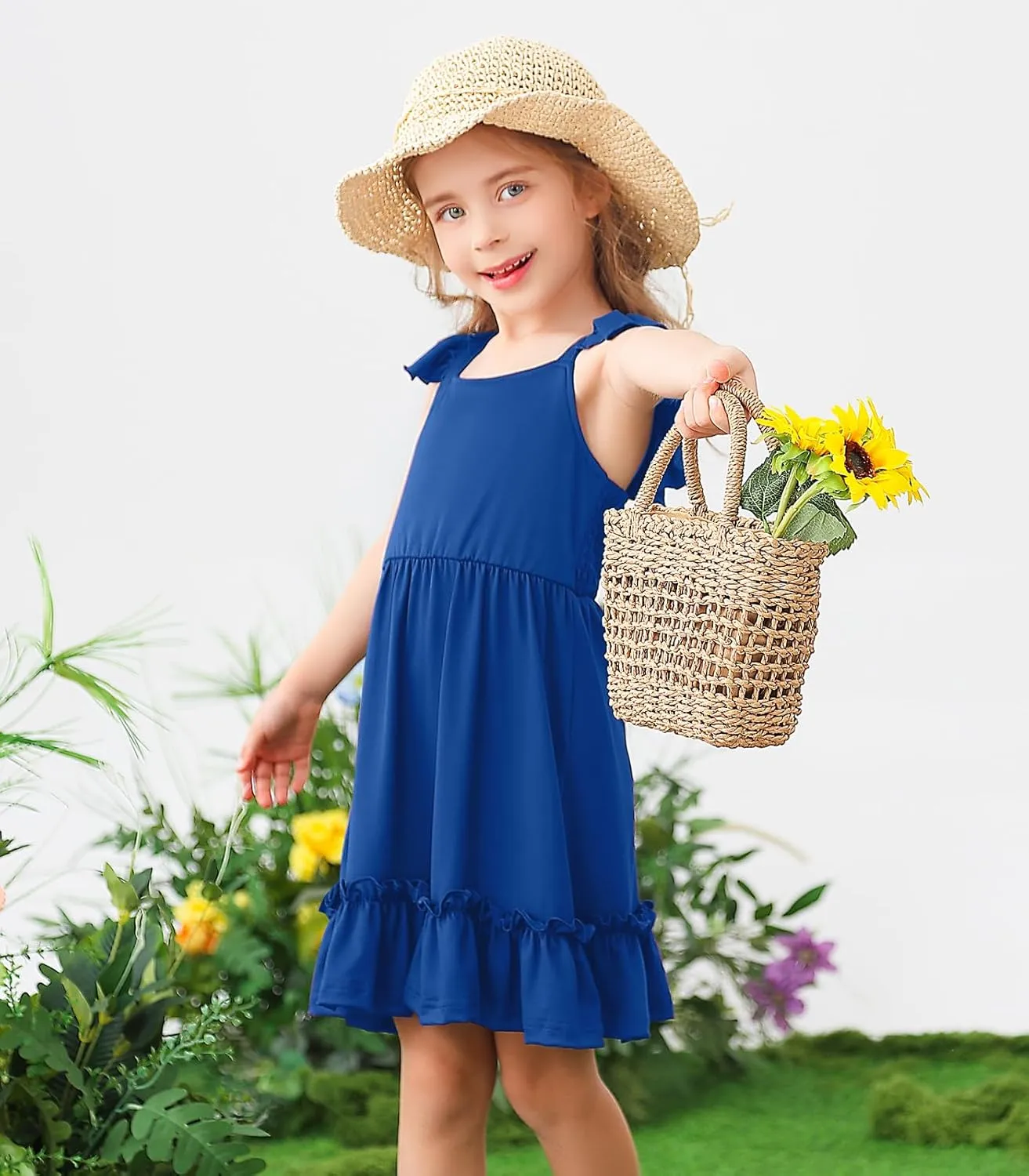 Smocked Dress Girls Solid Spring Summer Dresses for Toddler Sleeveless Sundress 2-6 Years