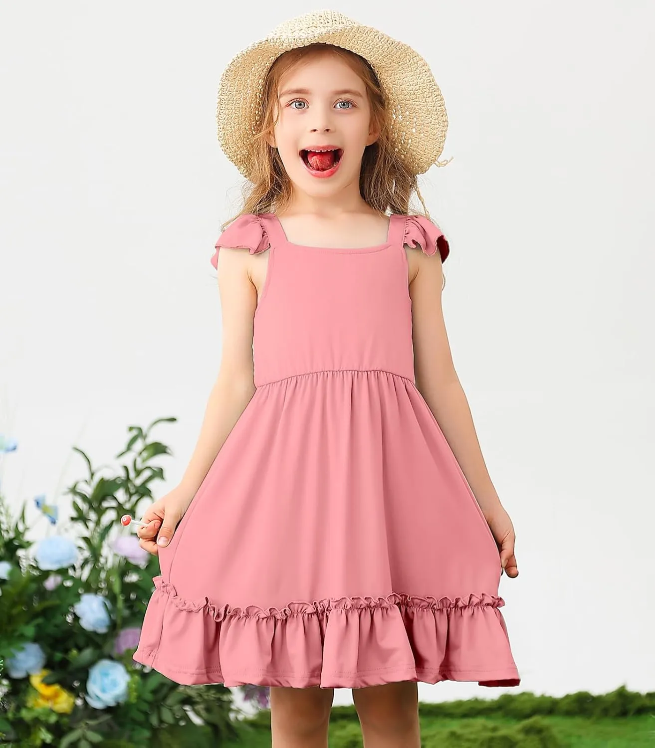 Smocked Dress Girls Solid Spring Summer Dresses for Toddler Sleeveless Sundress 2-6 Years