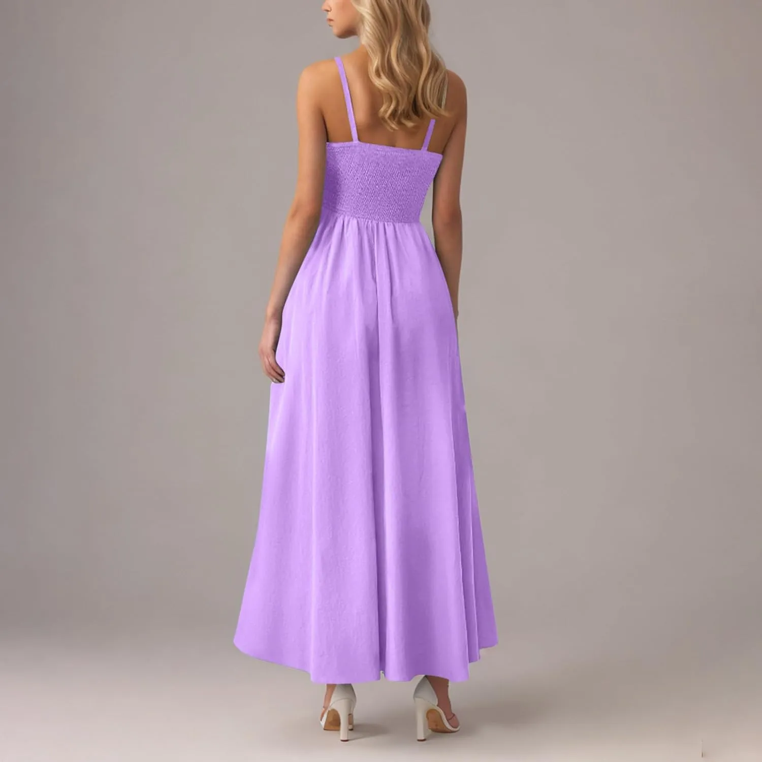 Smocked Dress Women Sleeveless Crew Neck Beach Maxi Sundresses Casual Spaghetti Strap Swing A Line Long Flowy Dress
