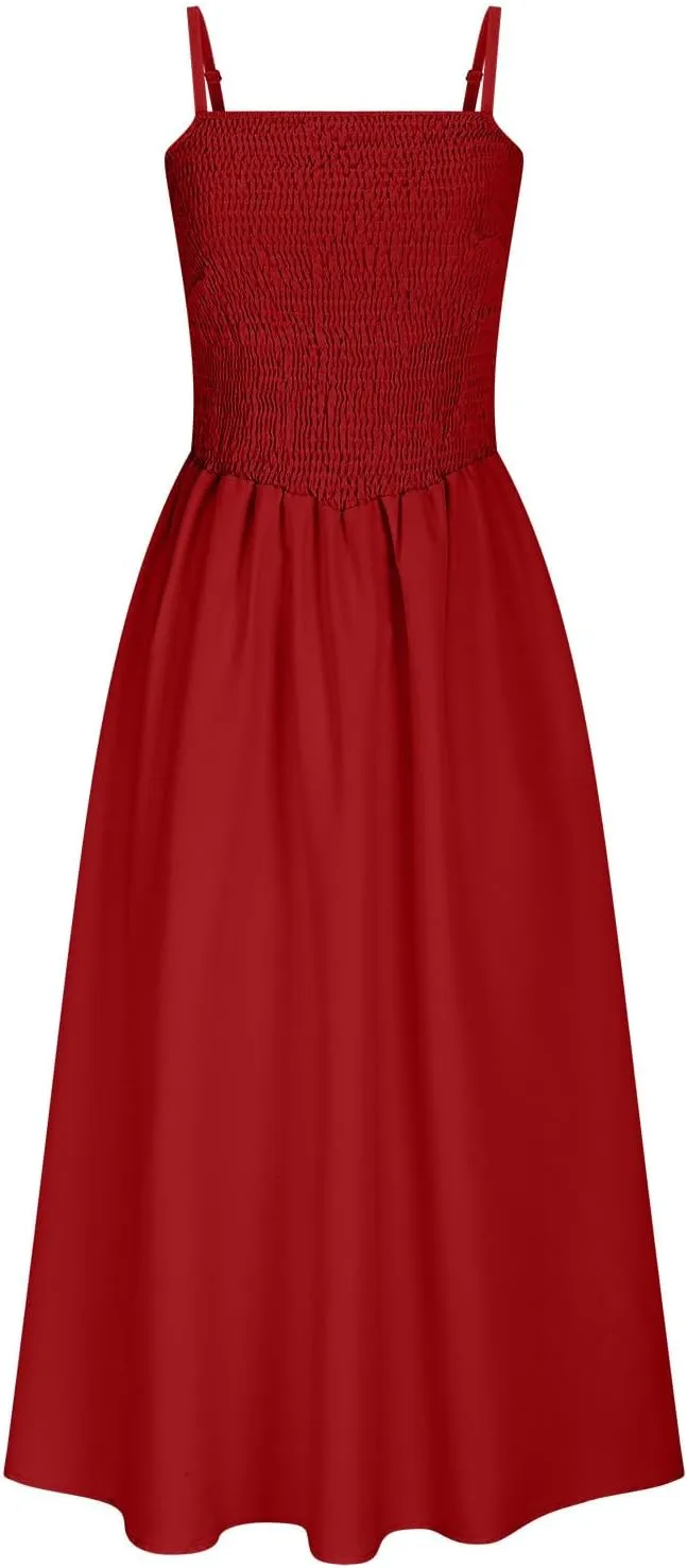 Smocked Dress Women Sleeveless Crew Neck Beach Maxi Sundresses Casual Spaghetti Strap Swing A Line Long Flowy Dress
